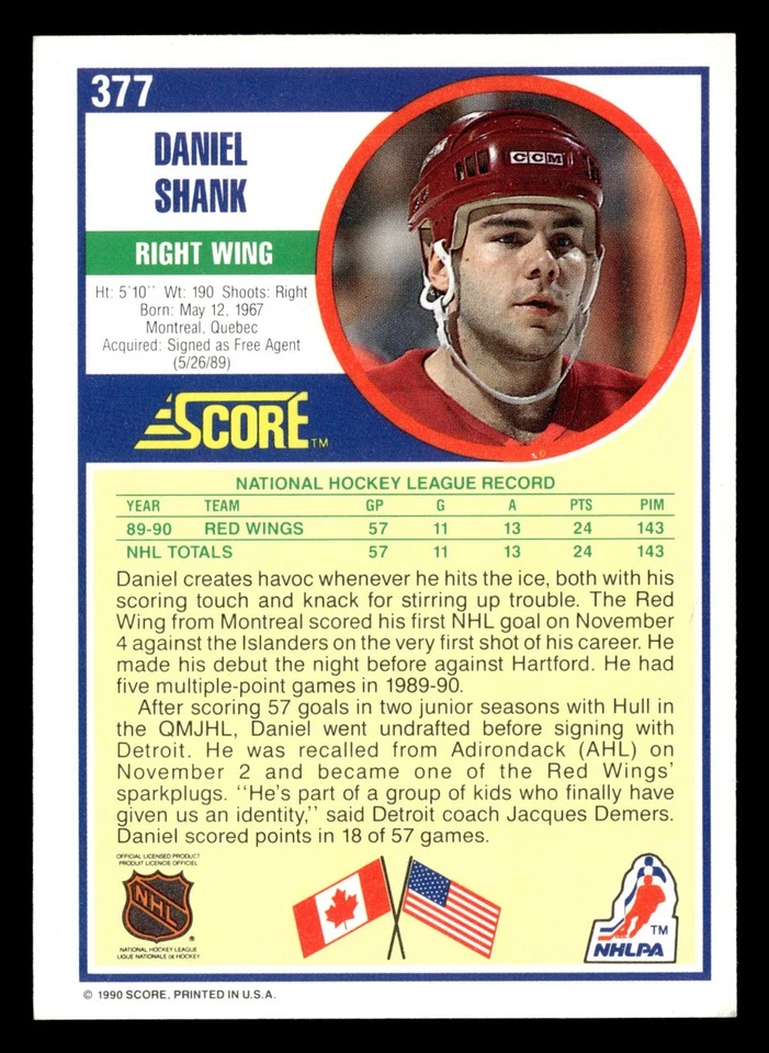 1990-91 Score - Daniel Shank #377 (RC) - Image 2 of 2