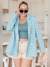 NWT Haptics Plaid Double-Breasted Light Blue Blazer Jacket
