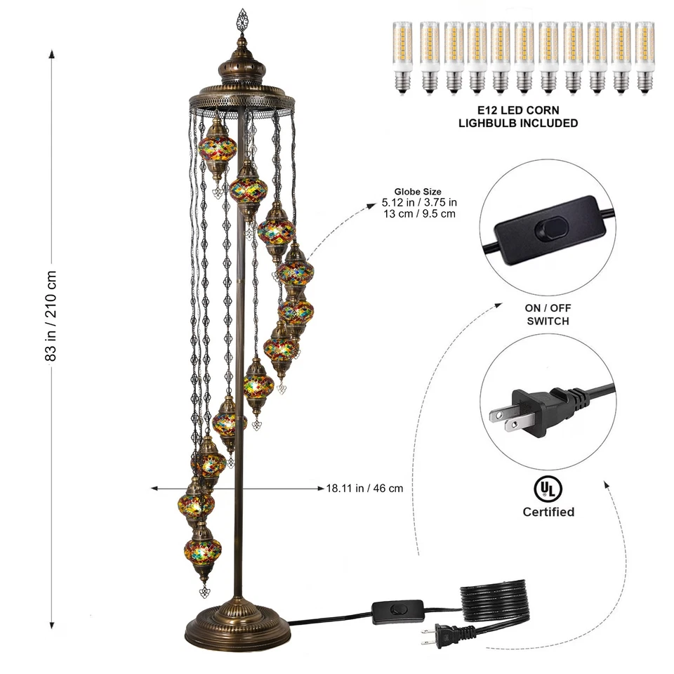 "Lámpara de pie de mosaico turco 11 globos - 83"" de alto lámpara hecha a mano con bombillas incluidas" Foto 2 de 4