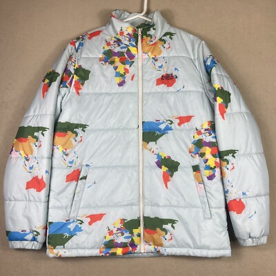 Vans Save Our Planet Earth World Map Blue Puffer Jacket Mens M NWT