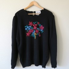 Vintage ANDREA GAYLE Black Floral Knit Sweater Size 2X Cottagecore Embroidery