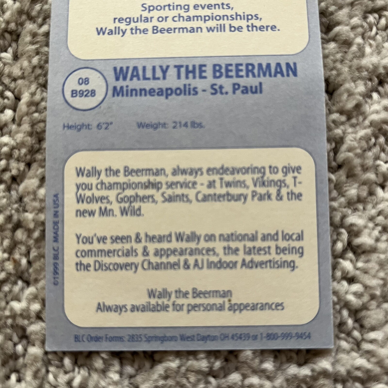 1999 Big League Wally the Beerman Autographed Baseball Card Minneapolis