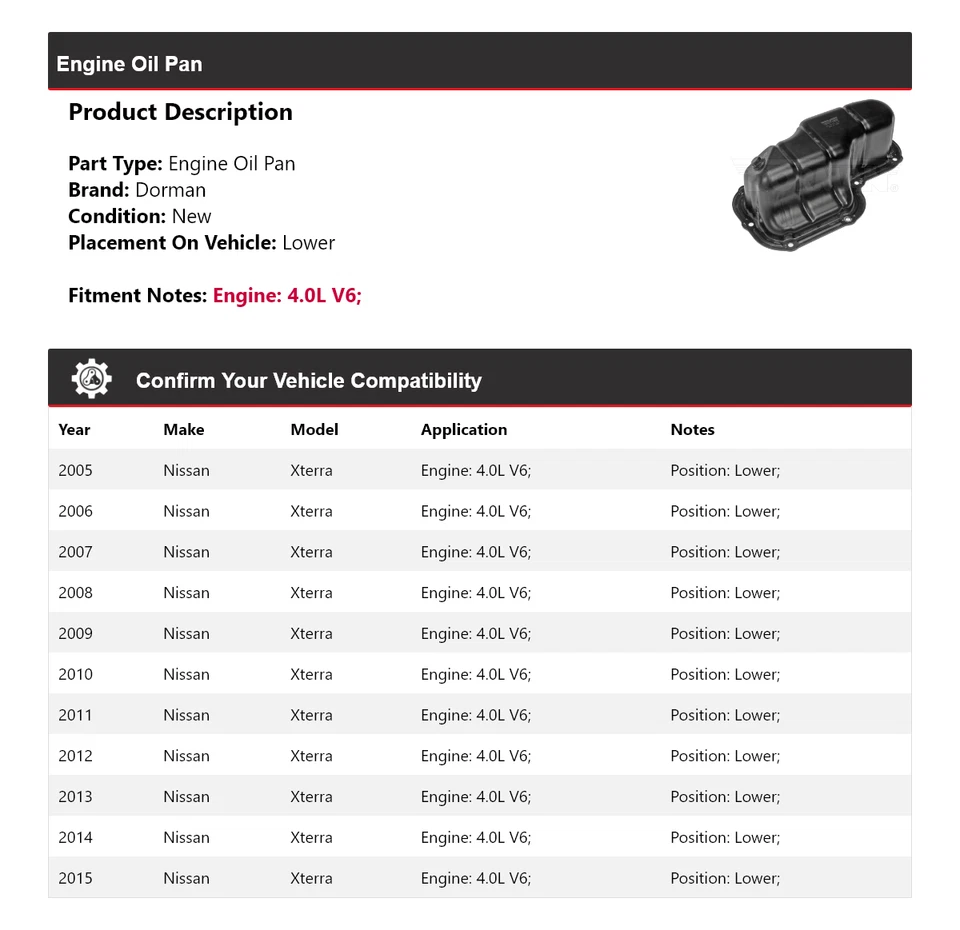 Para 2005-2015 Nissan Xterra 4.0L V6 Dorman bandeja de óleo do motor inferior 2006 2007 2008 - Imagem 2 de 4