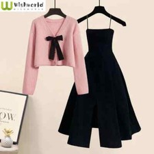 Autumn Winter Women's Set Knitted Sweater Strap Skirt Women's Two Piece Set