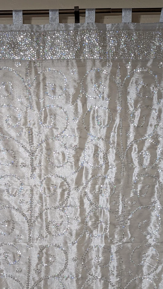 Silver Sheer Beaded Curtain Panel Hand Embroidered Indian Window Treatment 92" - Image 2 of 4