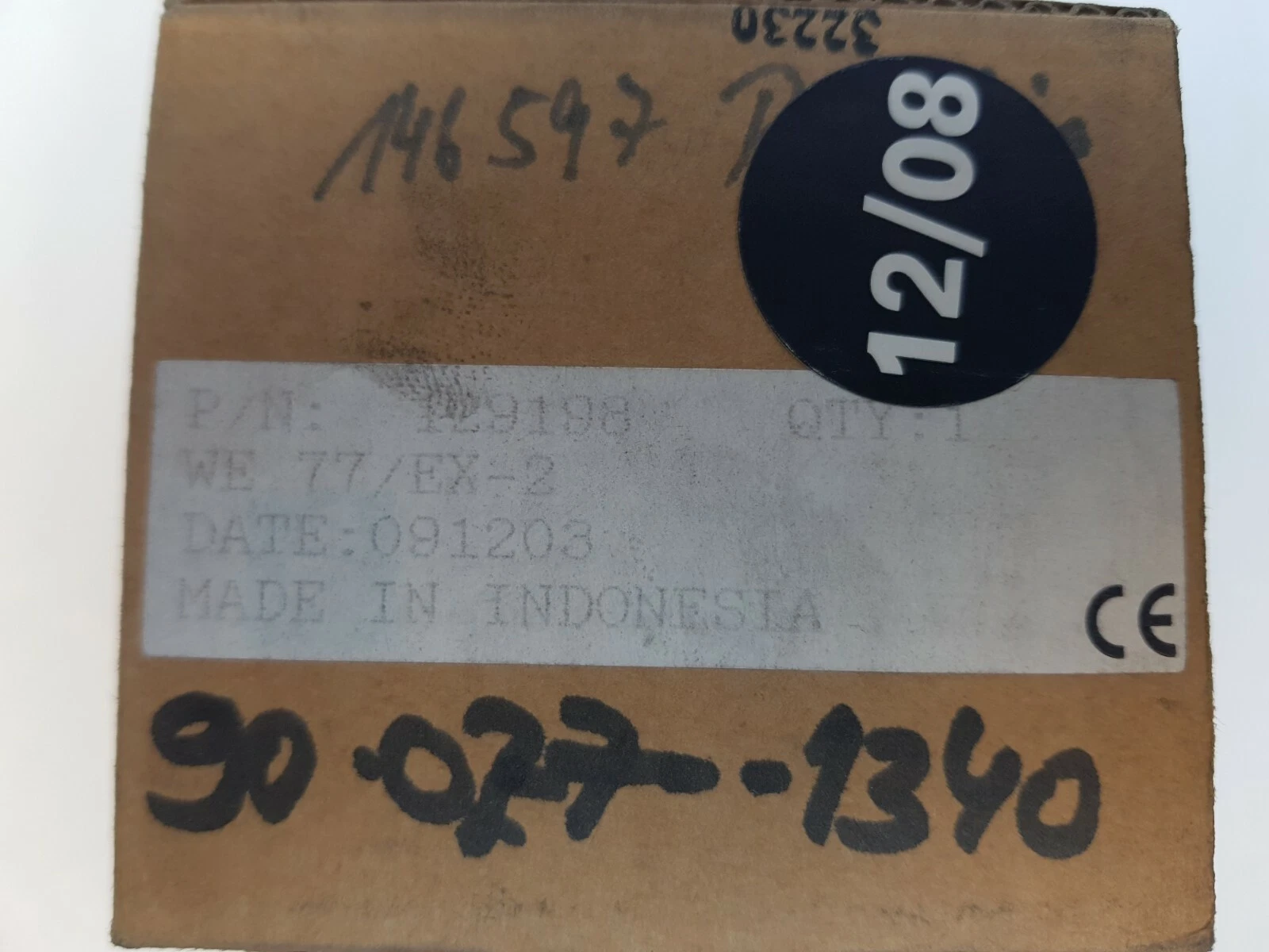 Box label: P/N 129198, WE 77/EX-2, DATE 081203, made in Indonesia, CE, with handwritten numbers