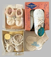 3pr Vtg 60s Baby Childs Toddler Doll Shoes, Socks Incl Kid Leather Orig Pkgs EXC