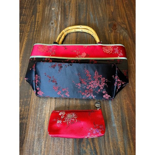 Yans NY Asian Floral Purse Bamboo Handle Evening Satchel Bag Red Black - Picture 13 of 15