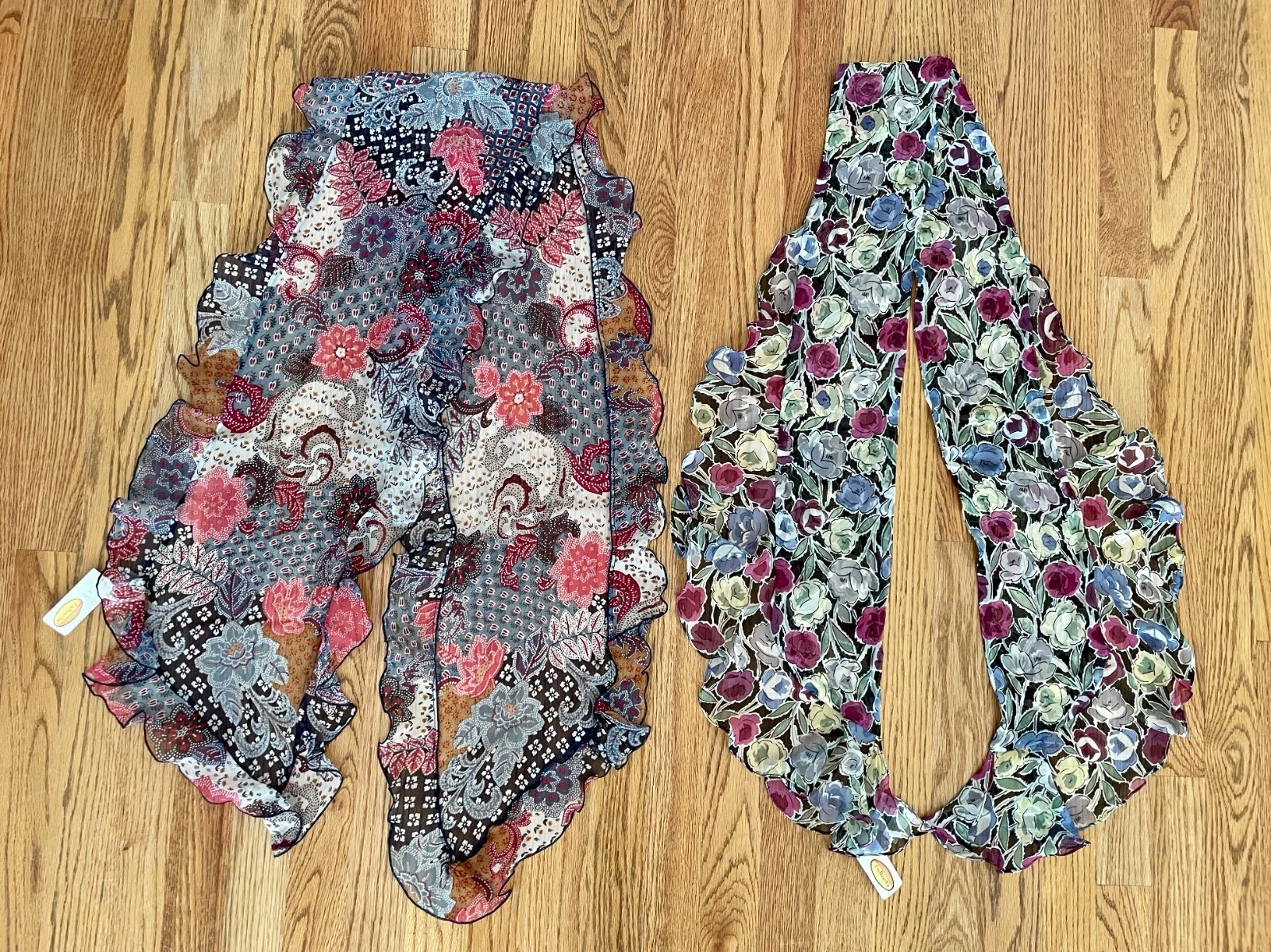 Lot of 2 NWT Talbots Skinny & Rectangle Floral Sheer Scarves w/ Ruffles – Silk