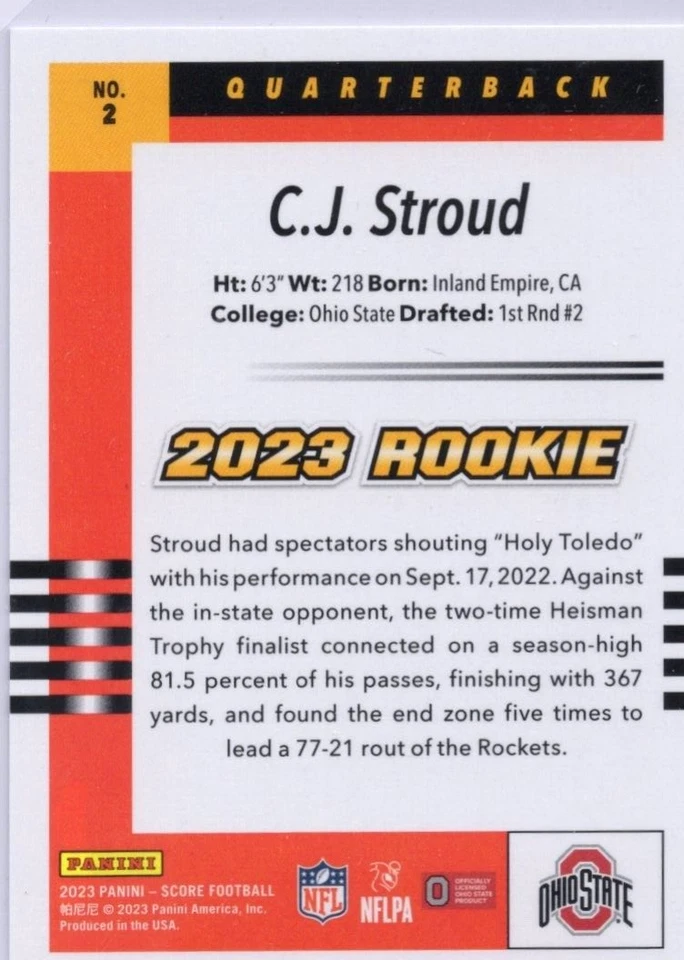 2023 Panini Score C.J. Stroud 2003 Throwback Rookie Insert Card #2 - Image 2 of 2