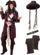Men`s Caribbean Pirate Captain Costume + Hat + Wig Jack Sparrow M - XL Halloween