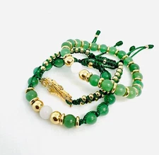 3 Pulseras piedra Jade verde cuarzo blanco y bolas oro laminado con San Judas