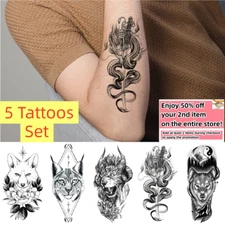 Set of 5 - Waterproof Temporary Tattoo Stickers Animal Dragon Fox Arm & Body Art