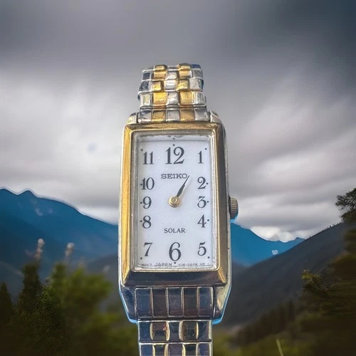 Seiko Solar Two-Tone Rectangular Watch Vintage 15 Mm For Women