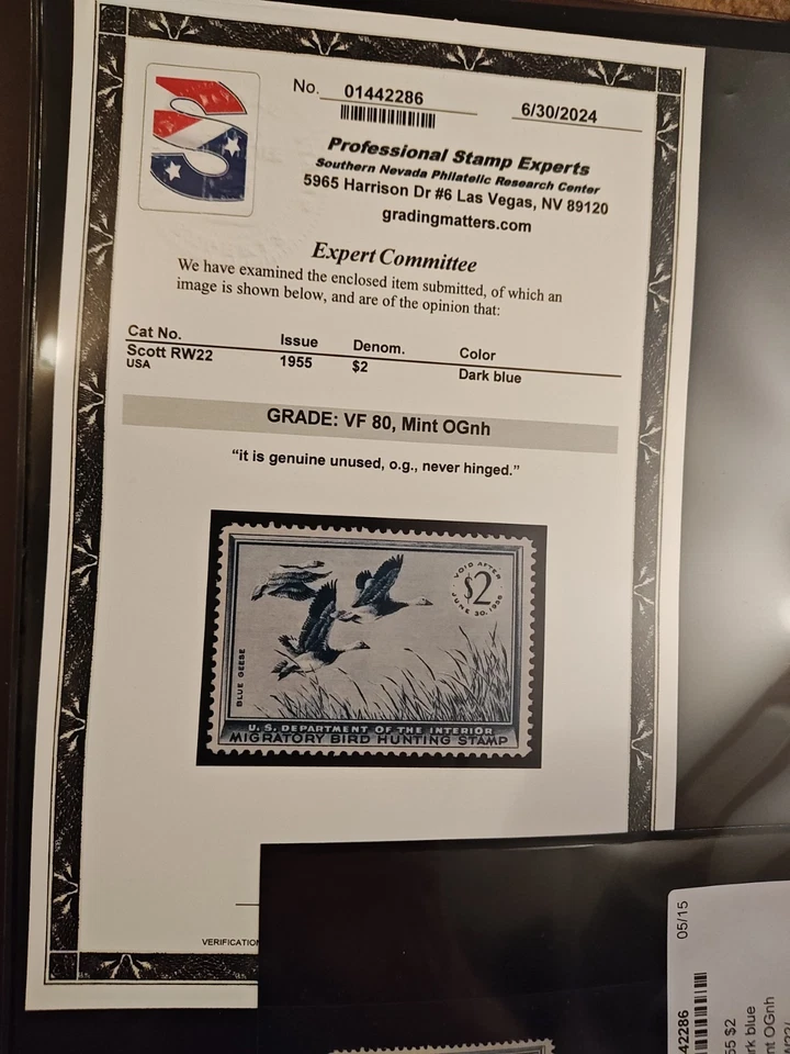 Certified By PSE - US Federal Duck Stamp # RW22 Mint ( VF ) OG NH - Image 2 of 3