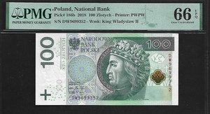 Poland 100 Zlotych 2018 PMG 66 EPQ UNC P#186b King Wladyslaw II Jagielo