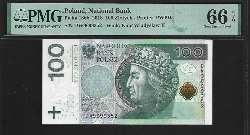 Poland 100 Zlotych 2018 PMG 66 EPQ UNC P#186b King Wladyslaw II Jagielo