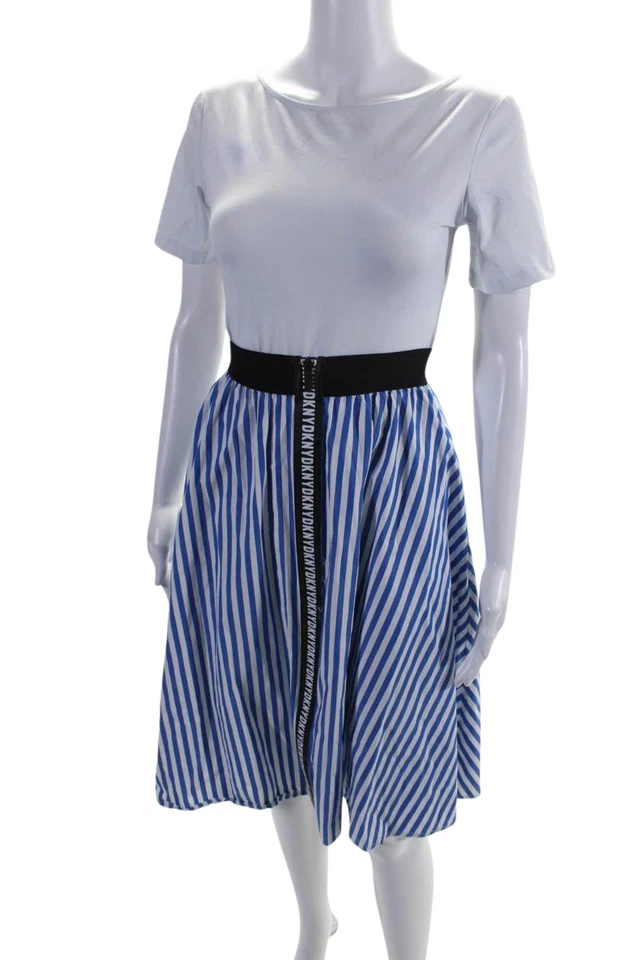 Saia Midi DKNY Feminina Elástica Cintura Flare Sem Forro Listrada Azul Tamanho P - Imagem 2 de 4