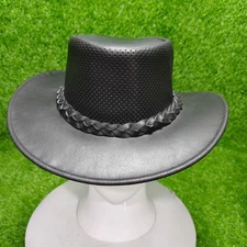 Black Leather Outback Hat – Wide Brim & Braided Band Cowboy Hat– Size XS to 4XL