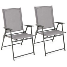 2pcs Patio Folding Portable Dining Chairs Metal Frame Armrests Outdoor Grey