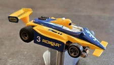 VINTAGE ROKAR F-1 INDY RACE CAR HO SLOT BLUE YELLOW # 3 W CHASSIS RUNS COOL