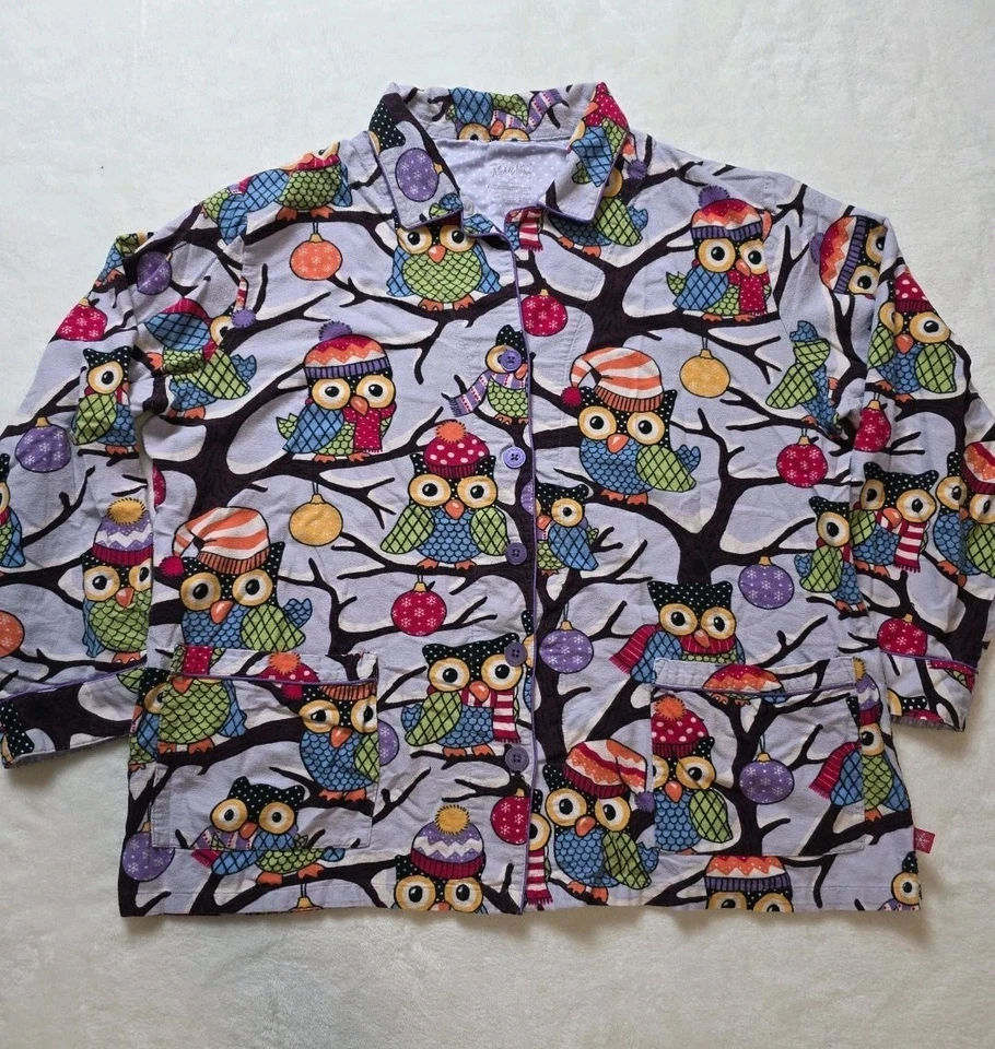 女士 Nick & Nora 尺寸 XXL 紫色猫头鹰法兰绒睡衣 PJ 套装装饰树纽扣 — 第 2/4 张图片