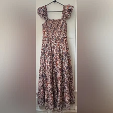 Love the Label Floral Paisley Smocked Tiered Ruffle Orange Blue Maxi Dress M