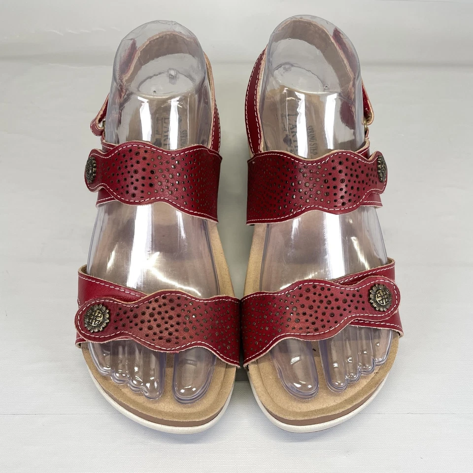 L'Artiste Spring Step Globe Sandals Womens Size 37 Red Leather Wedge Strap Shoes - Image 4 of 4