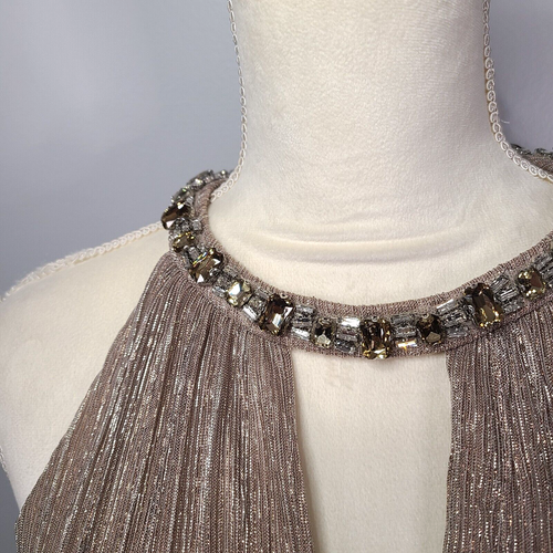 Eliza J Shimmering Cutout Halter Gown 10 Metallic Champagne Embellished Goddess - Picture 8 of 16