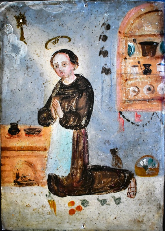 Antique 19th C. Spanish Colonial Retablo on tin - San Pascual Bailon