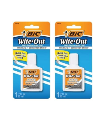 BIC Wite-Out Quick Dry Correction Fluid, 20mL, White, Goes on Easy (Pack of 2)