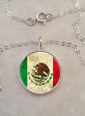 Sterling Silver 925 Pendant Necklace Mexican Flag Mexico Bandera 