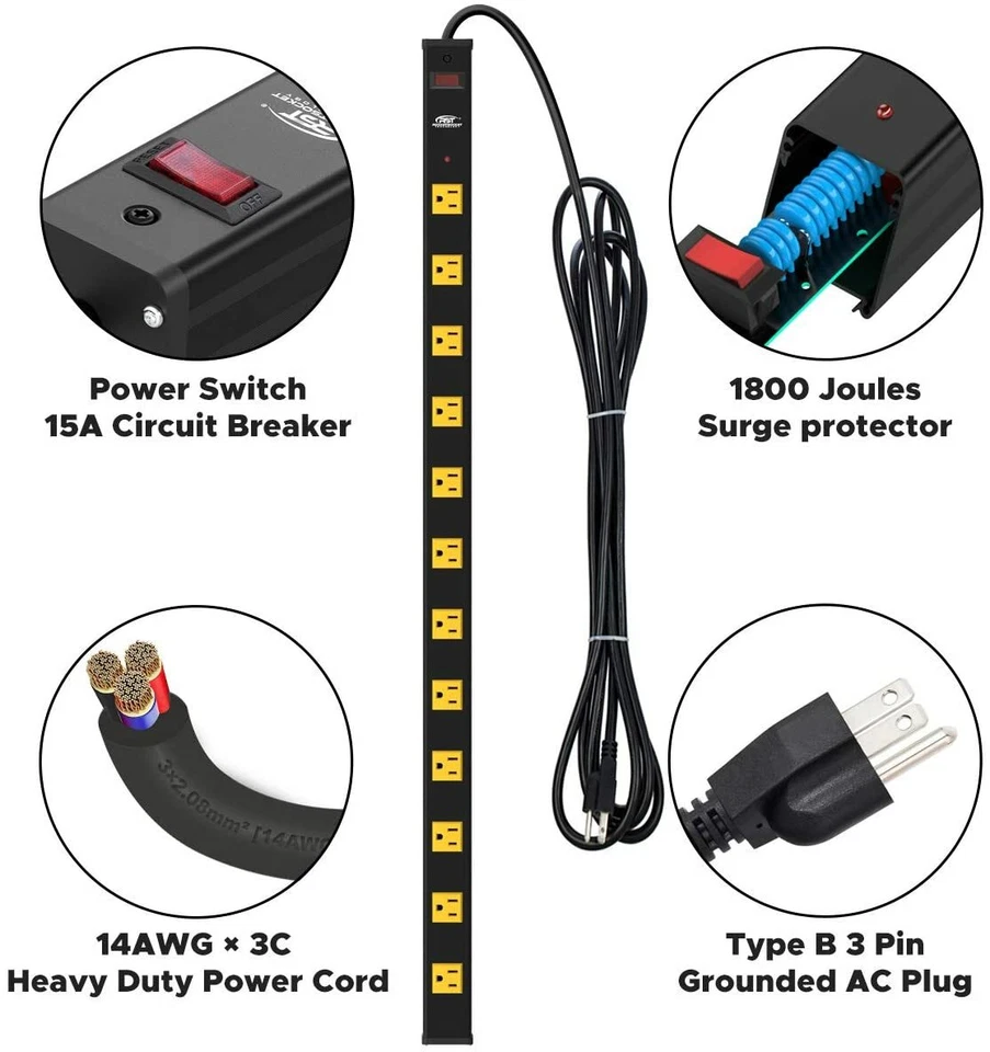 Heavy Duty Surge Protector Power Strip Wide Spaced 12-Outlet 15 Feet power cable - Image 3 of 4