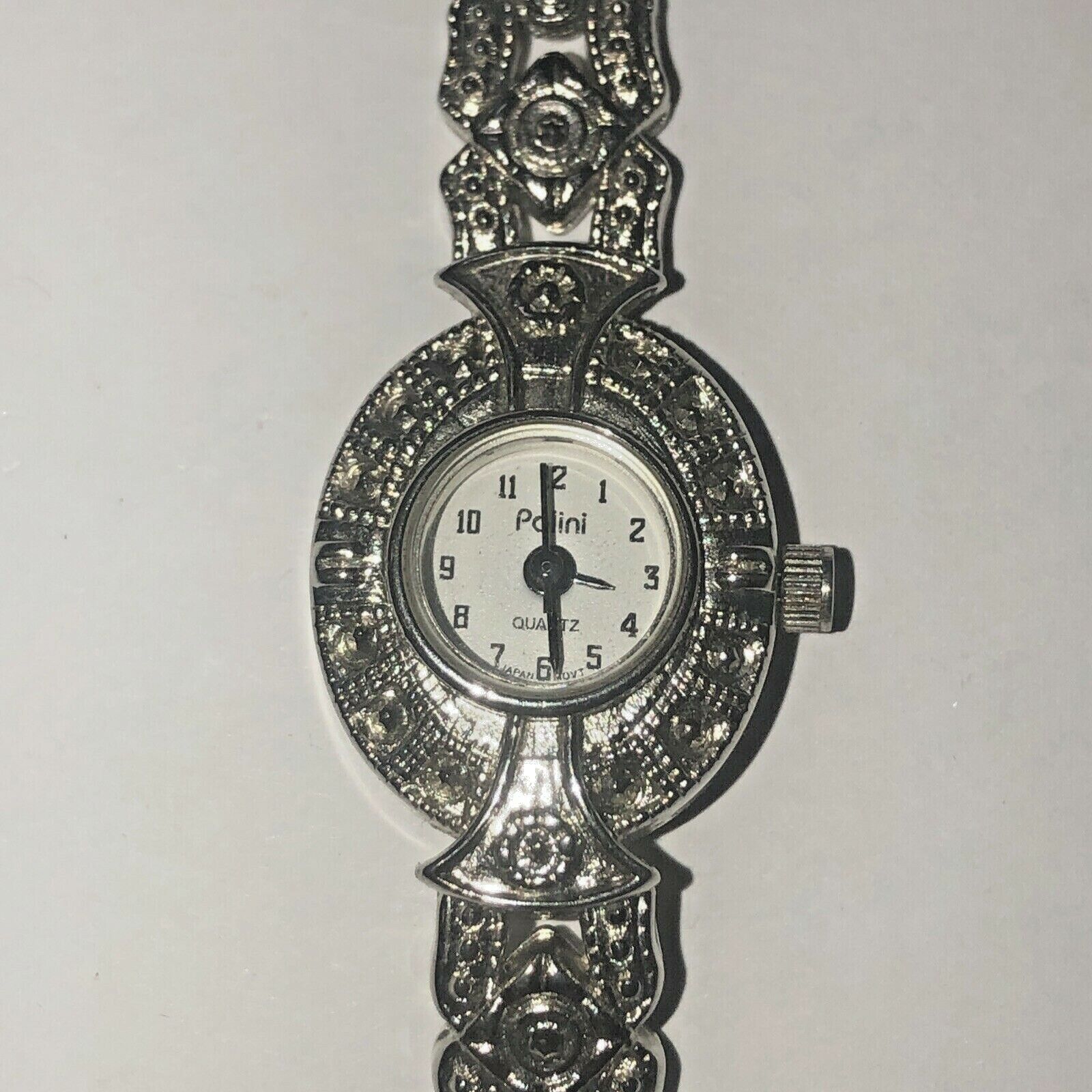 Polini Quartz Silver Tone Watch with Marcasite Style Ladies Japan Movt. 6 1/2"