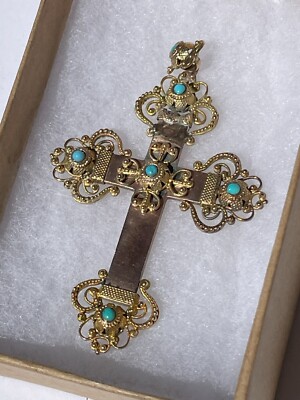 Antique Austro-Hungarian 18K Gilt Filigree Turquoise Cross Pendant c.1880 Vienna