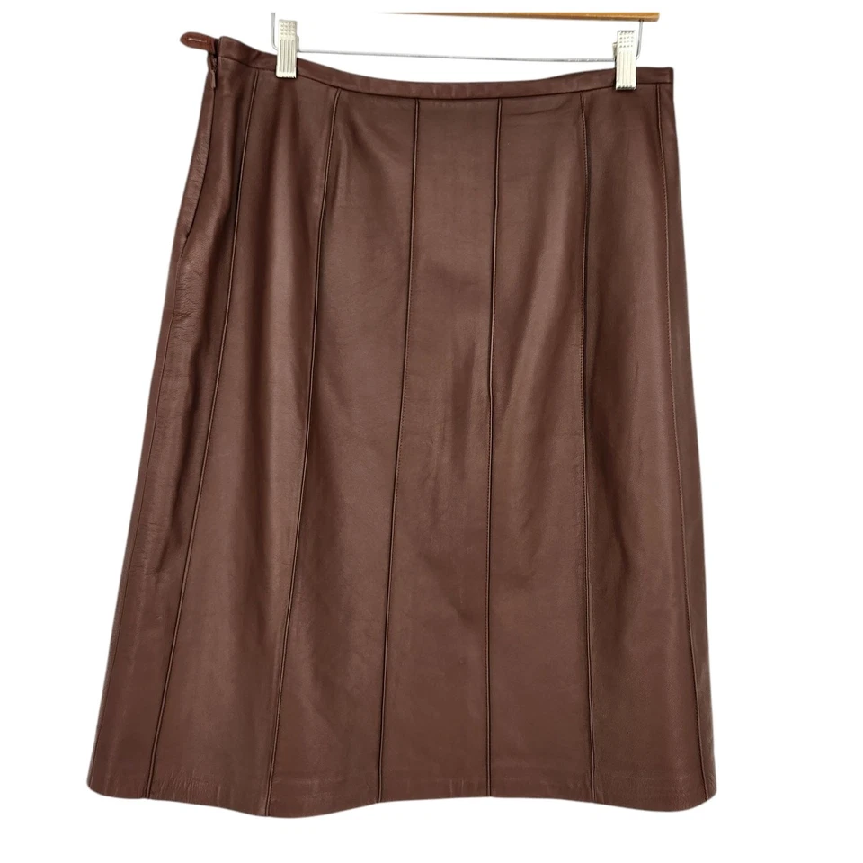 Vintage Brown A Line 100% Buttery Soft Leather Skirt Size 10 Timeless Chic  - Image 2 of 4