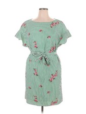 Nine West Green White Striped Embroidered Red Pink Roses Floral Dress Sz 14 XL