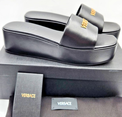 Versace Logo 55MM Black Leather Platform Mules Sandals EU40 US10