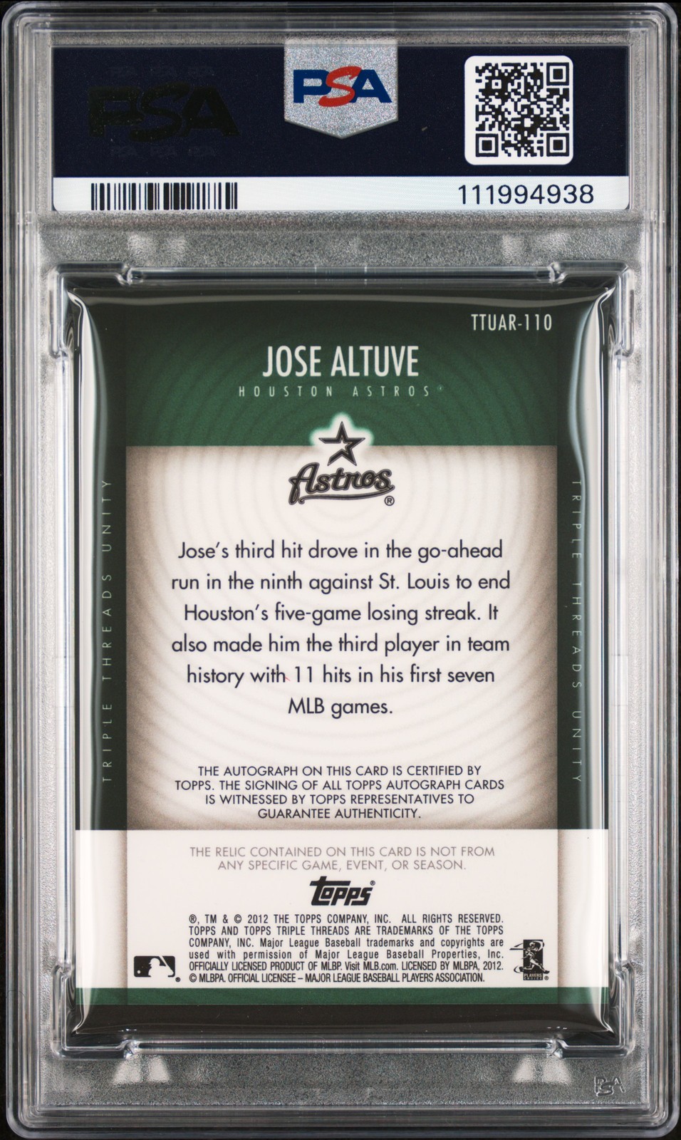 2012 TOPPS TRIPLE THREADS UNITY RELICS EMERALD JOSE ALTUVE 46/50 PSA 6 AUTO 10 view 2