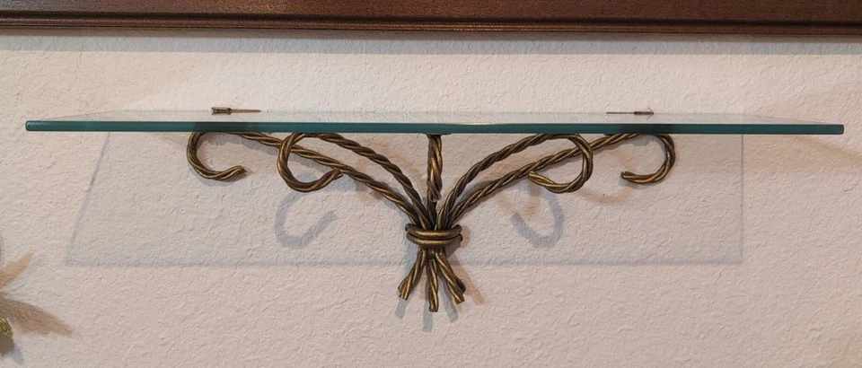 Set 2 VTG Brass/Metal Rope & Glass Wall Mount Shelf Hollywood Regency 7"&17.5" - Image 2 of 4