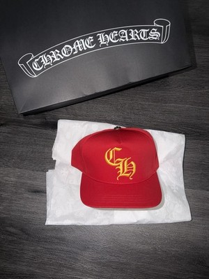 NEW- Chrome Hearts CH Logo Red/Yellow Snapback Cap Silver Button 100% Authentic