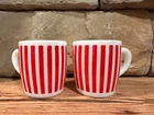 2 VTG Hazel Atlas White w/Red Stripe Coffee Mugs- Vintage Milk Glass Retro MCM