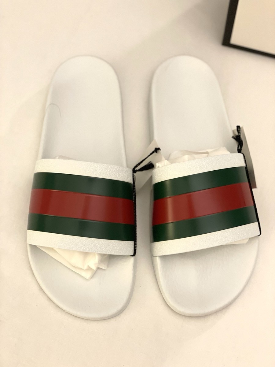 Gucci Pursuit 72 White and Green Striped Flip Flop Slides Sandals GUCCI White Red Green Stripe Pursuit Pool Web Rubber Slides  main image 2