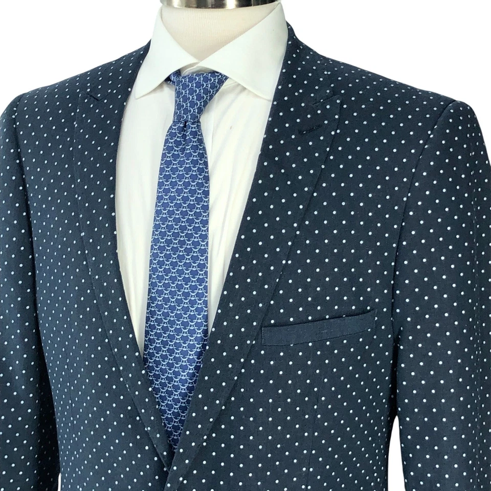 Traje Paisley y Gris Para Hombres 40R Calce Ajustado Azul Marino Blanco Lunares Mezcla de Lino Dos Piezas Foto 3 de 4