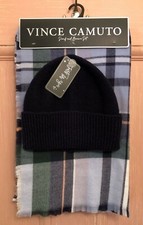   VINCE CAMUTO Plaid Scarf  Blue Pom Beanie Gift Set NEW W/TAGS, FAST SHIP 