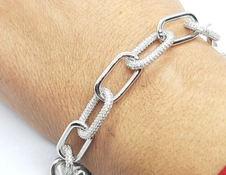 Bracciale donna Argento 925 Massiccio catena maglia  zirconi taglio brillante - Immagine 3 di 4