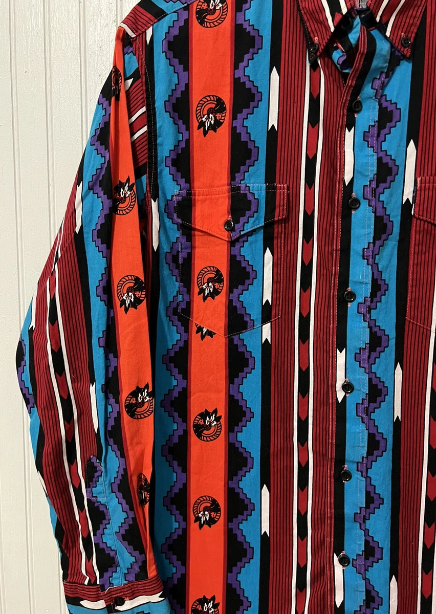 80s 90s Wrangler Cowboy Cut Navajo Aztec Tribal Western Rodeo L 16 X 34 Shirt