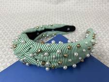 Lele Sadoughi Lele sadoughi Green White stripe Knot headband with pearls  studs