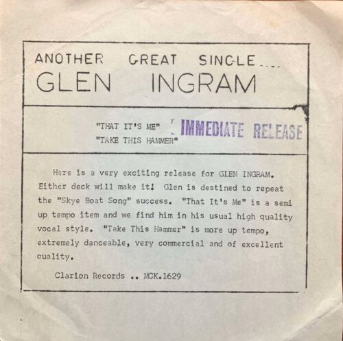 Glen Ingram & Clan That It's Me / Take This Hammer 1967 Oz 45 Promo - Picture 3 of 3