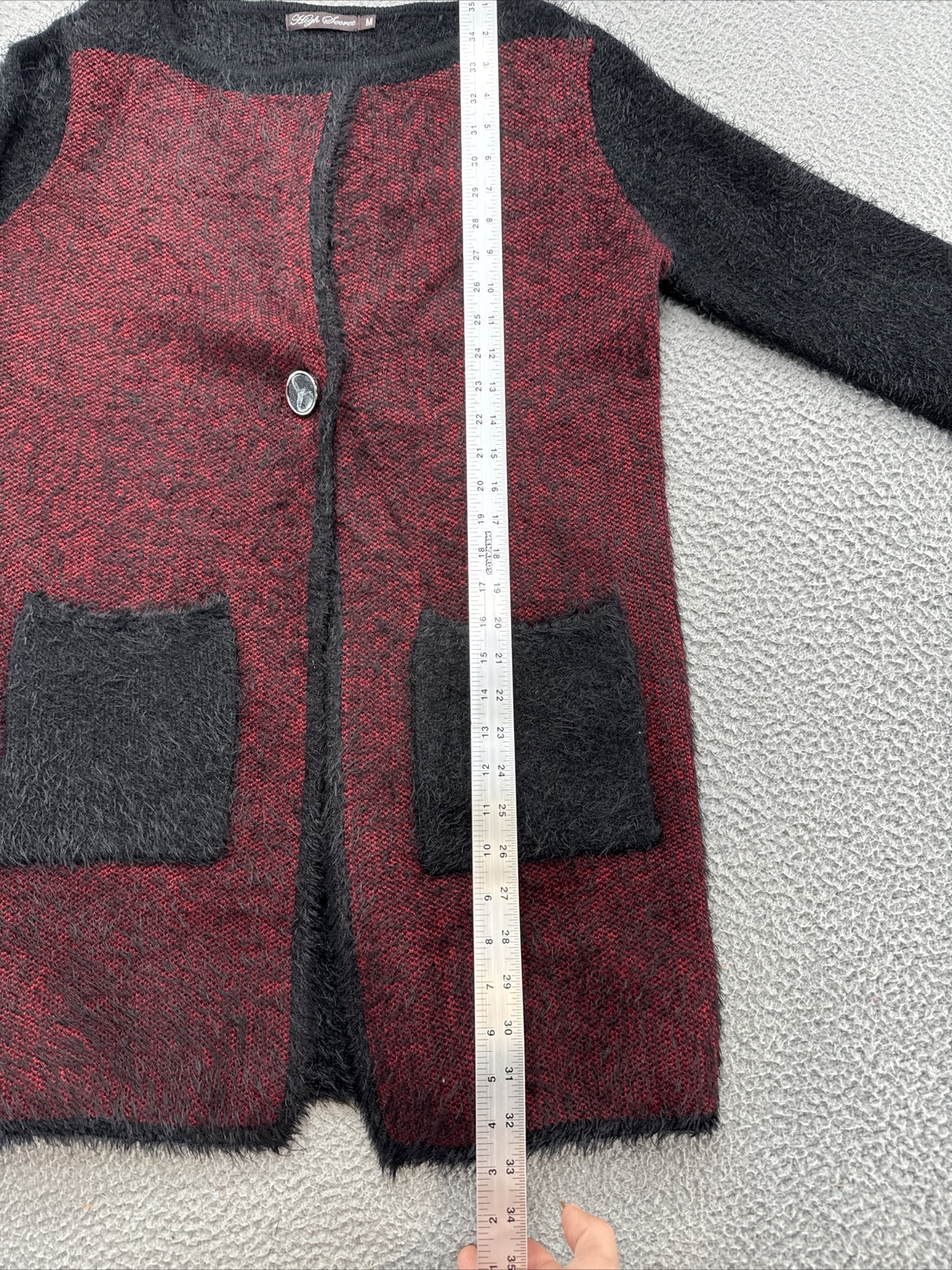 High Secret Women’s 1 Snap Cardigan Sweater Black Red Shaggy Size Medium